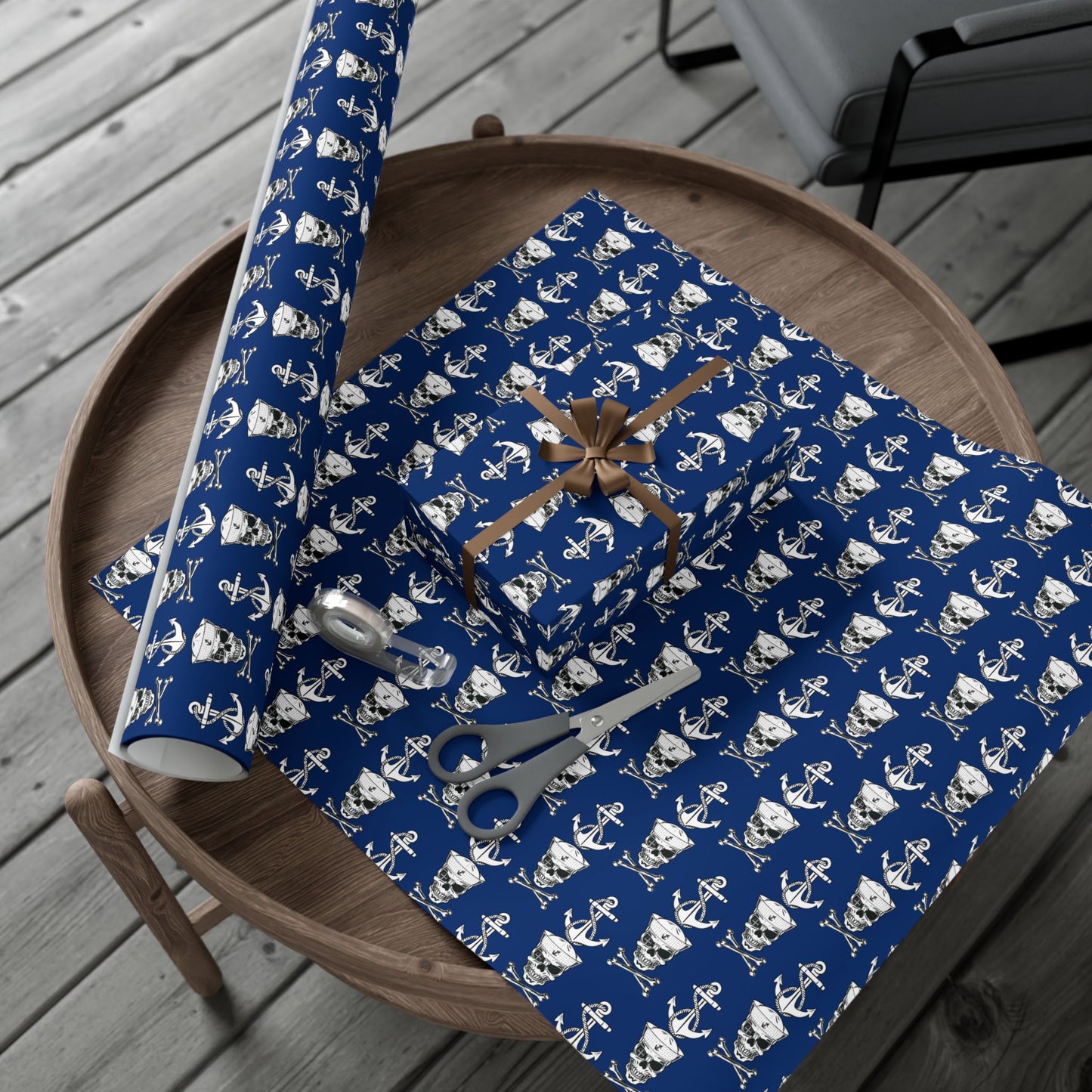 US Navy Sailor Skull Crossbones and Anchors Blue Gift Wrap Papers