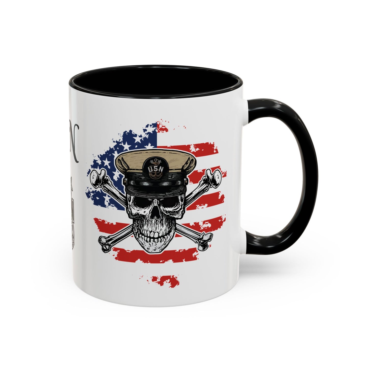 US Navy Master Chief Skull & Crossbones on American Flag MCPO Anchor Accent Coffee Mugs