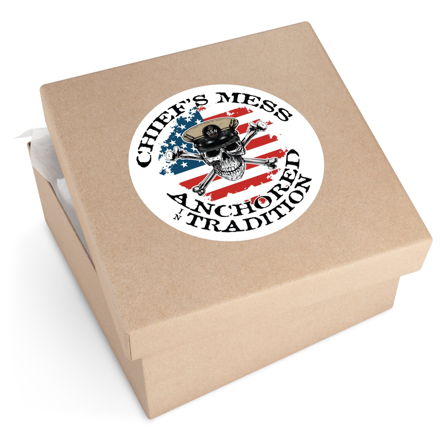 Chief's Mess Anchored Tradition Skull Crossbones on Distressed USA Flag Round Sticker