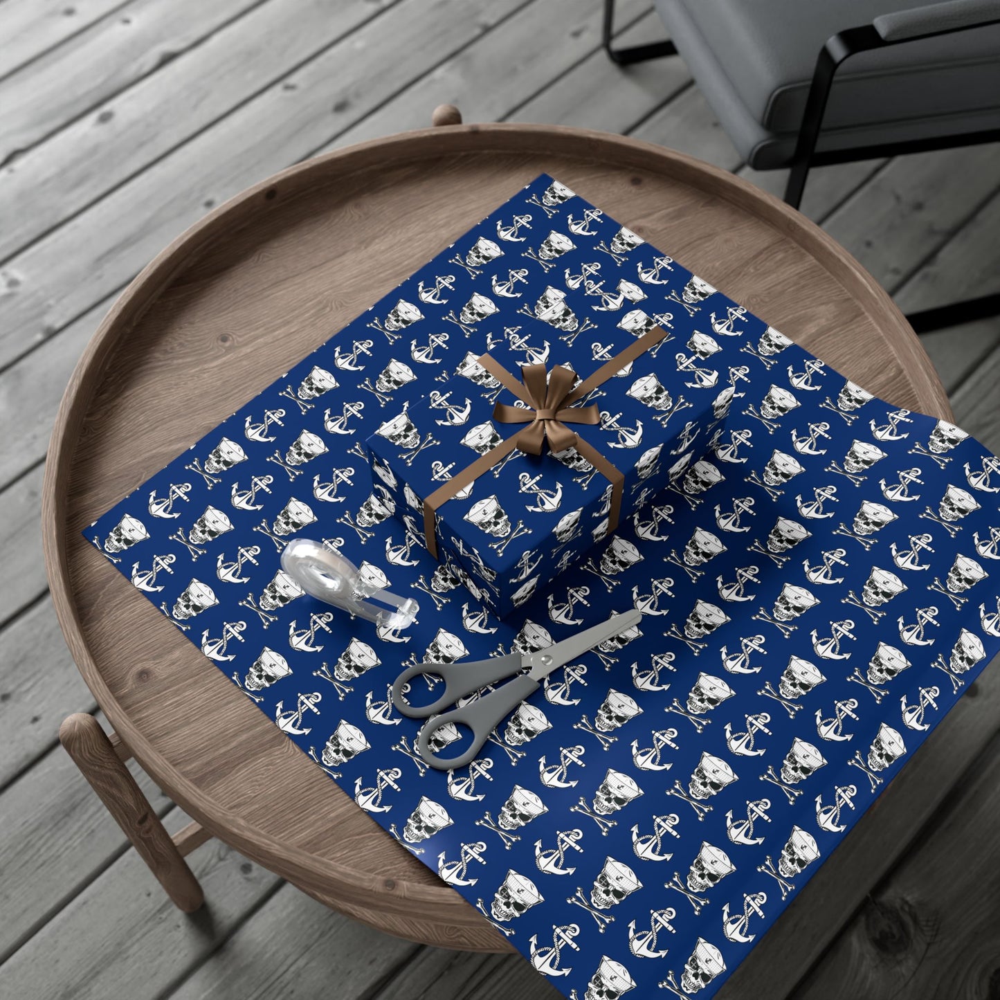 US Navy Sailor Skull Crossbones and Anchors Blue Gift Wrap Papers