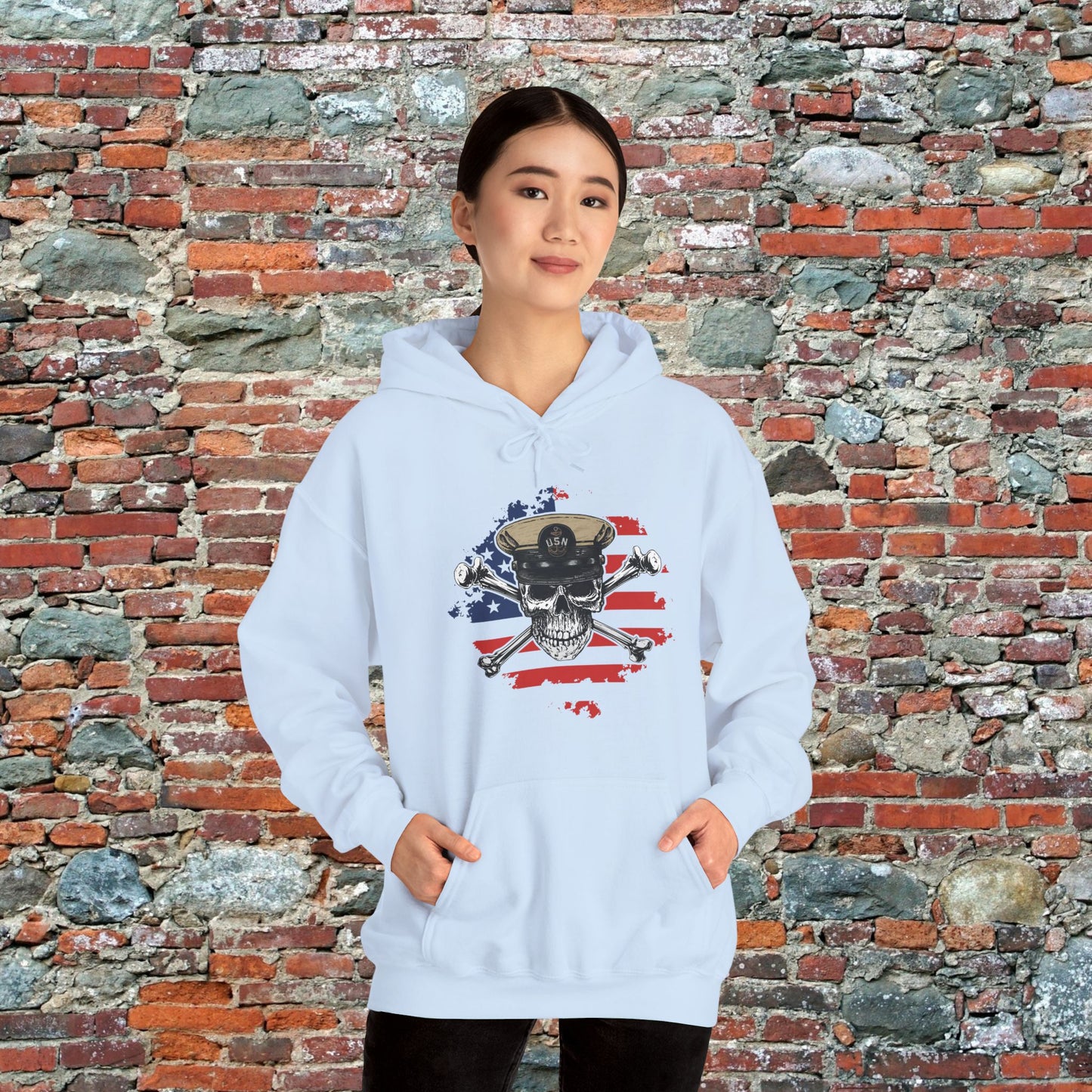 Navy Chief Skull & Crossbones on Distressed American Flag Unisex Heavy Blend™ Hooded Sweatshirt