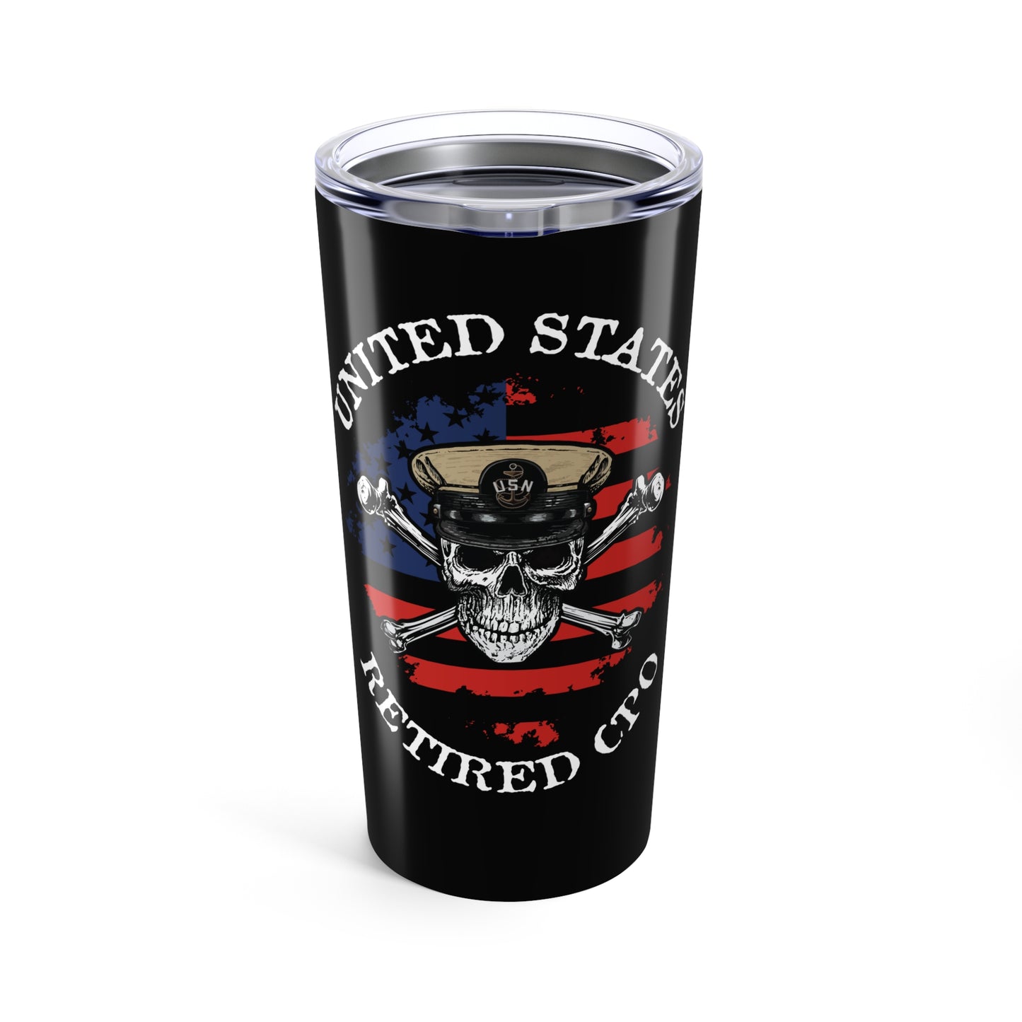 United States Retired CPO Skull Crossbones Chief Petty Officer with Distressed American Flag Stainless Steel Tumbler 20oz