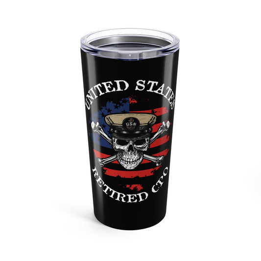 United States Retired CPO Skull Crossbones Chief Petty Officer with Distressed American Flag Stainless Steel Tumbler 20oz
