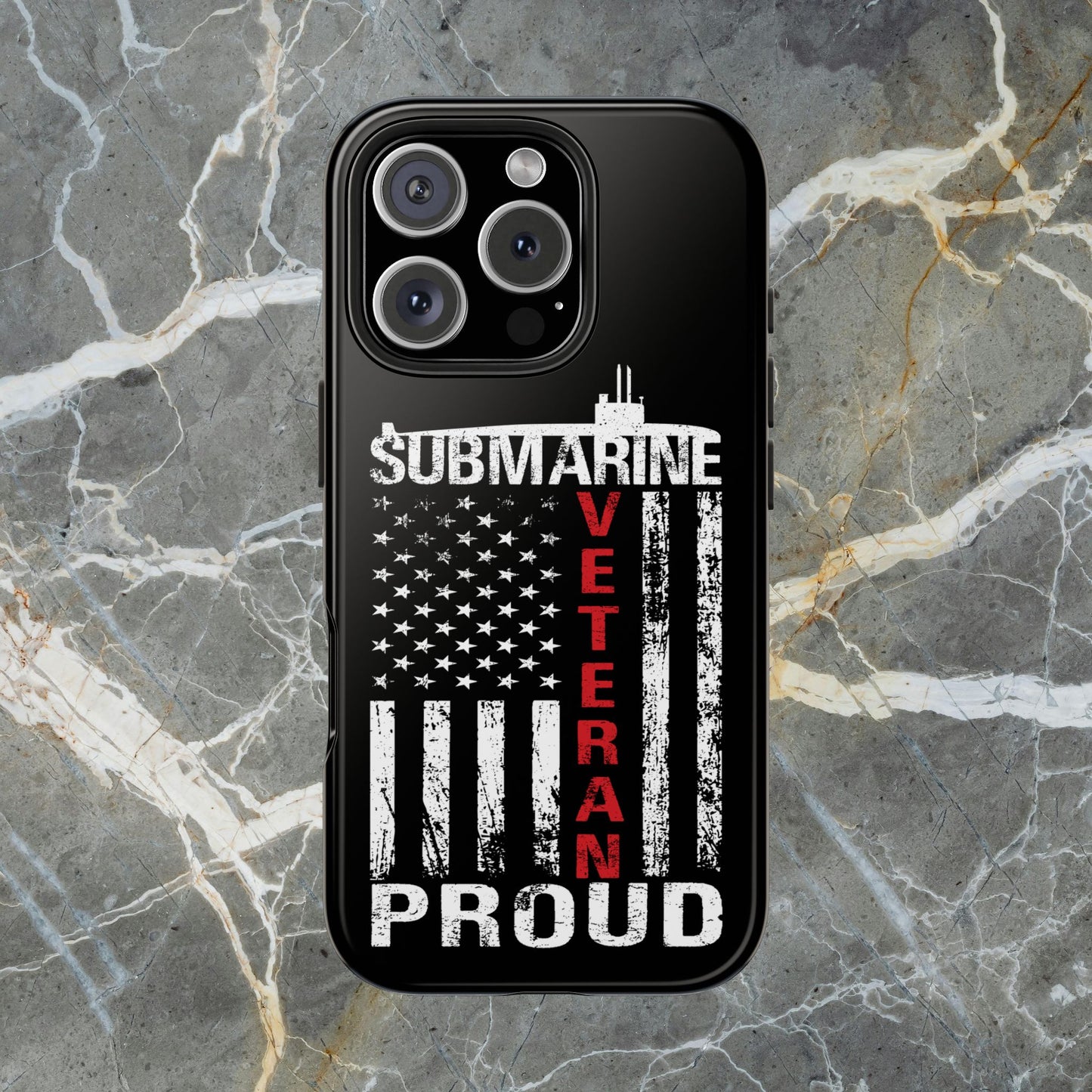 U.S. Submarine Veteran Proud Distressed White USA Flag Black Tough iPhone Case