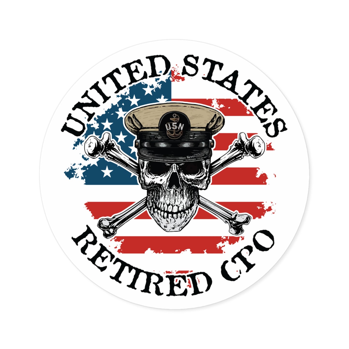 United States Retired CPO Skull Crossbones Chief Petty Officer with Distressed American Flag Round Sticker