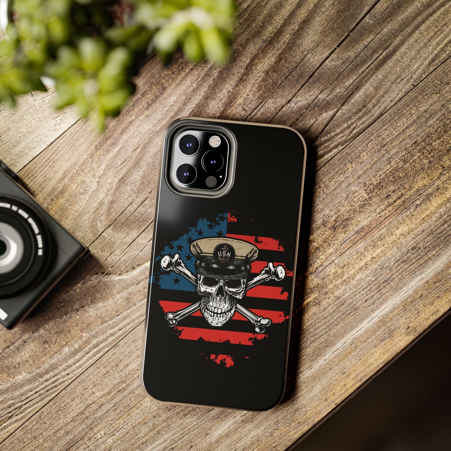 Naval Chief Skull & Crossbones on American Flag Black Tough iPhone Case