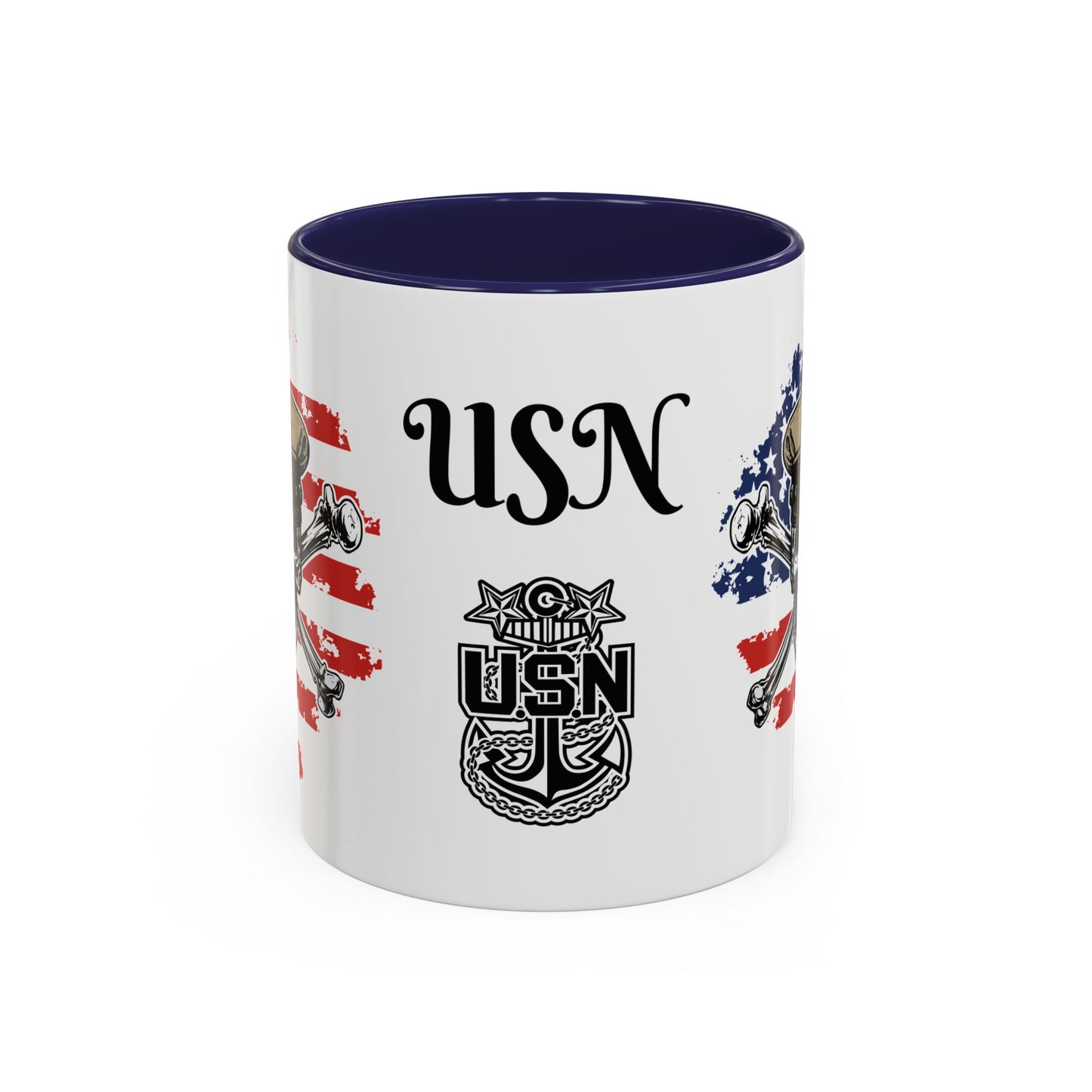 US Navy Master Chief Skull & Crossbones on American Flag MCPO Anchor Accent Coffee Mugs