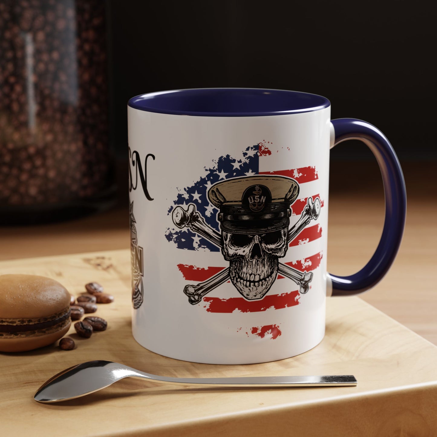 US Navy Senior Chief Skull & Crossbones on American Flag SCPO Anchor Accent Coffee Mugs