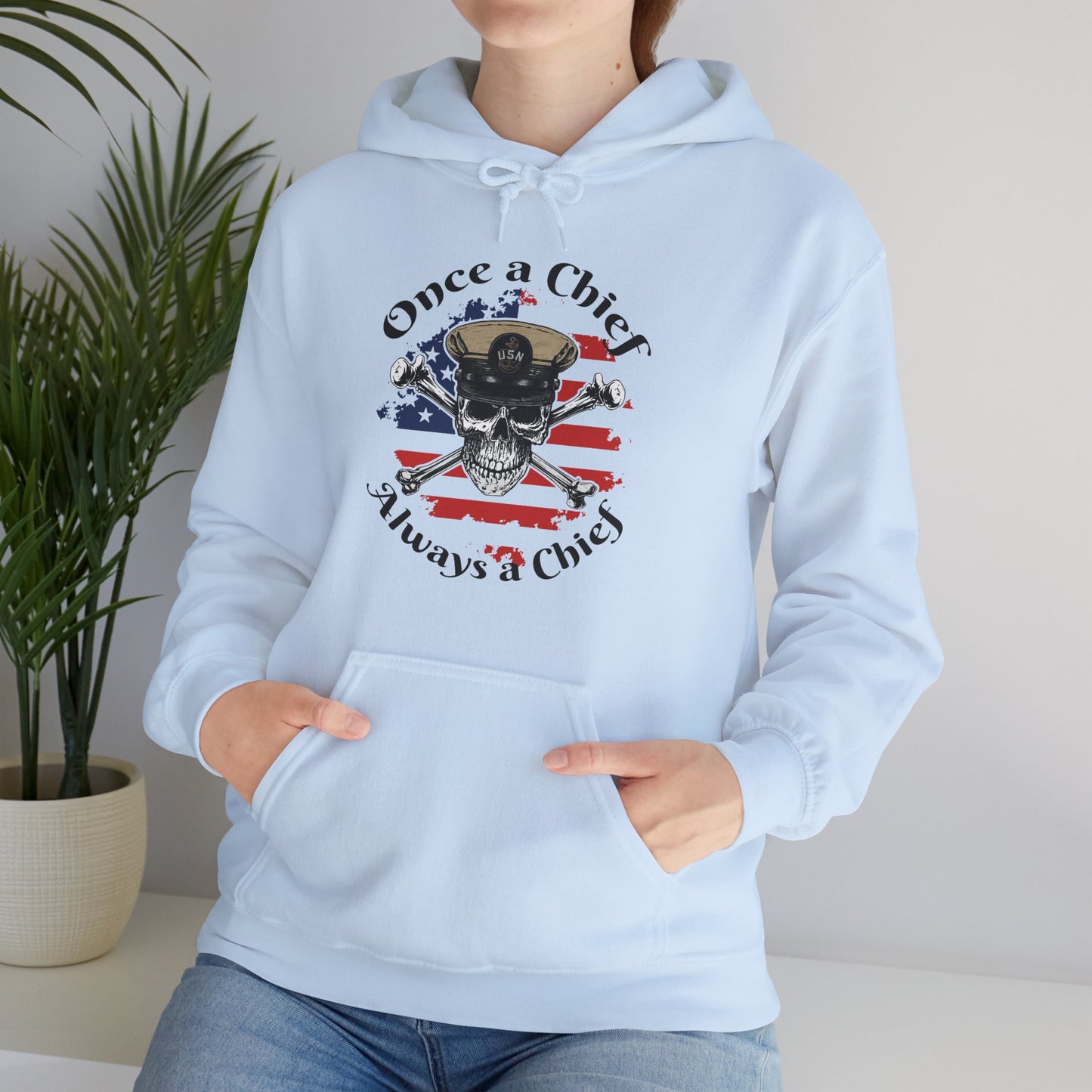 Once a Chief CPO Skull & Crossbones Sailor on Distressed USA Flag Unisex Heavy Blend™ Hooded Sweatshirt