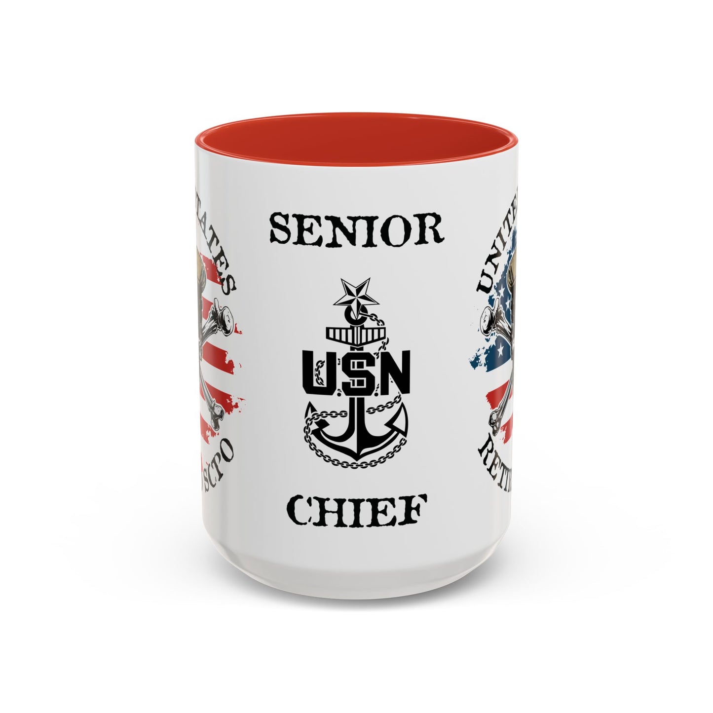 United States Navy Retired SCPO Skull Crossbones Senior Chief Petty Officer Anchor with Distressed USA Flag Accent Coffee Mugs