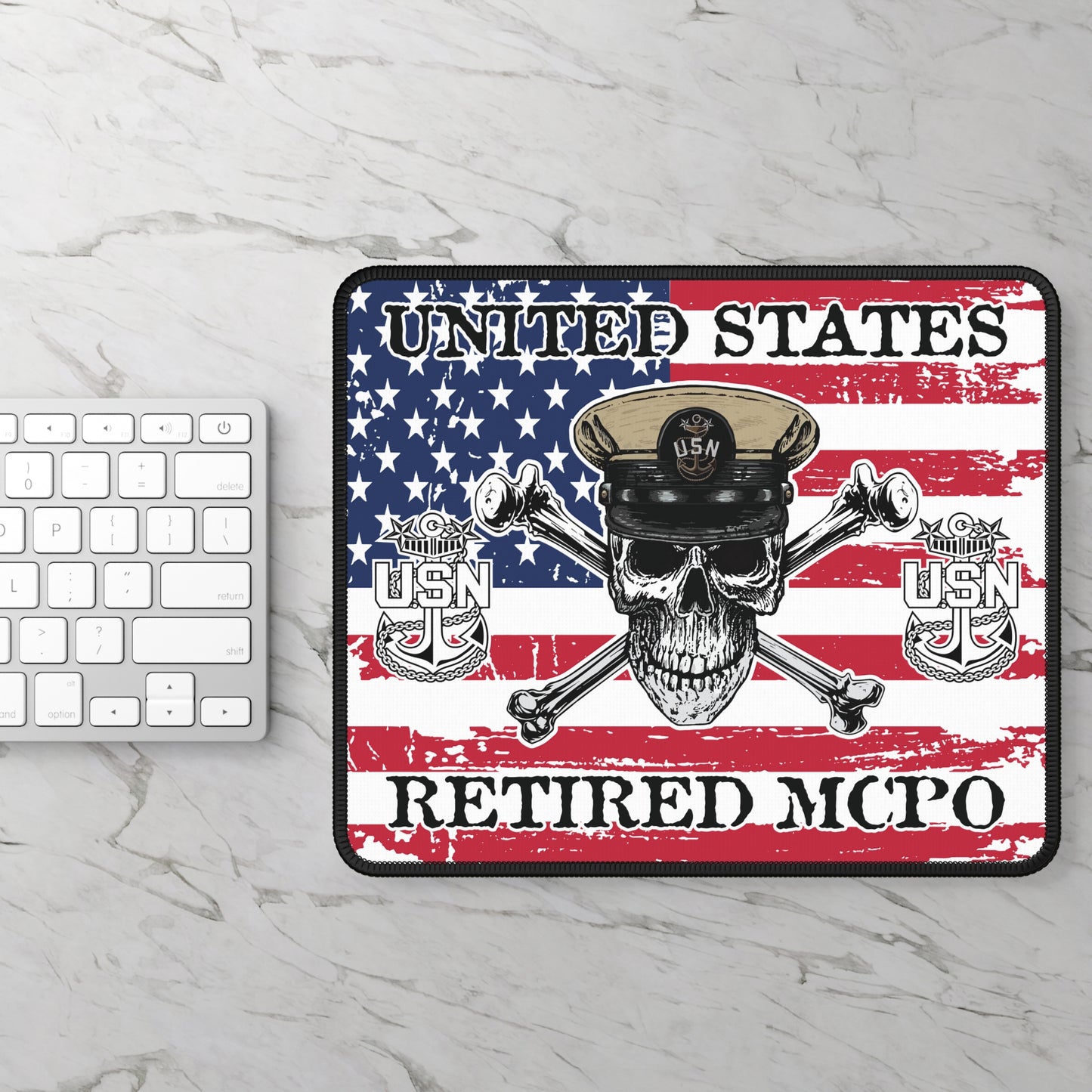 United States Retired MCPO Skull Crossbones Master Chief with Distressed American Flag Gaming Mouse Pad