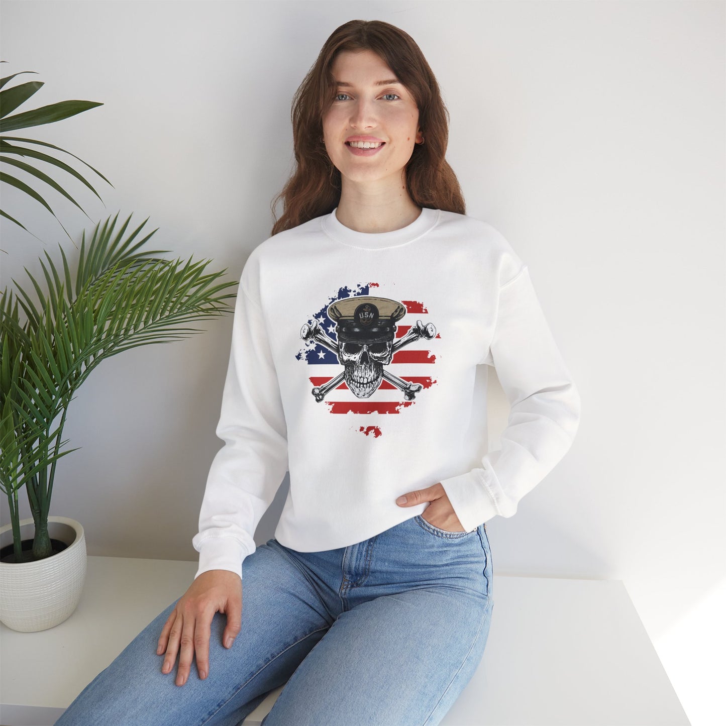 Naval Chief Skull & Crossbones CPO on Distressed American Flag Unisex Heavy Blend™ Crewneck Sweatshirt