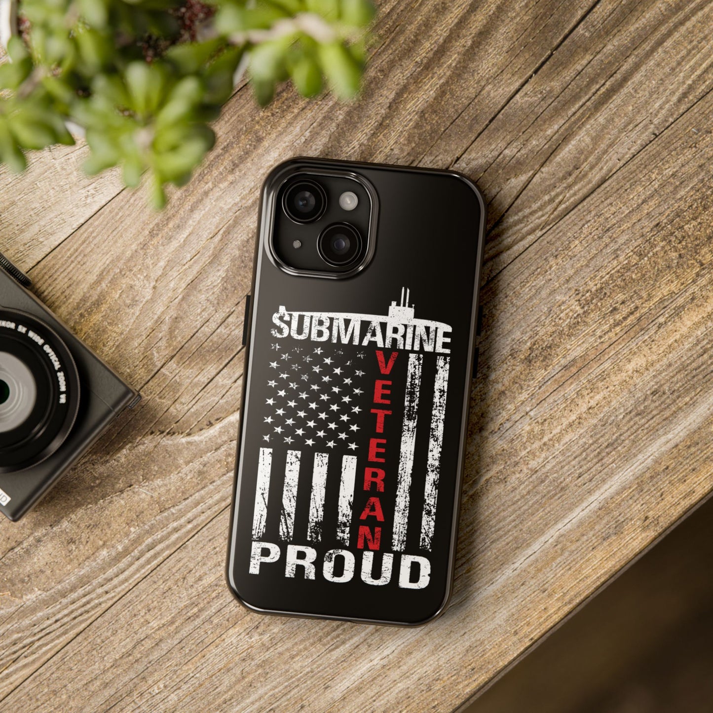 U.S. Submarine Veteran Proud Distressed White USA Flag Black Tough iPhone Case