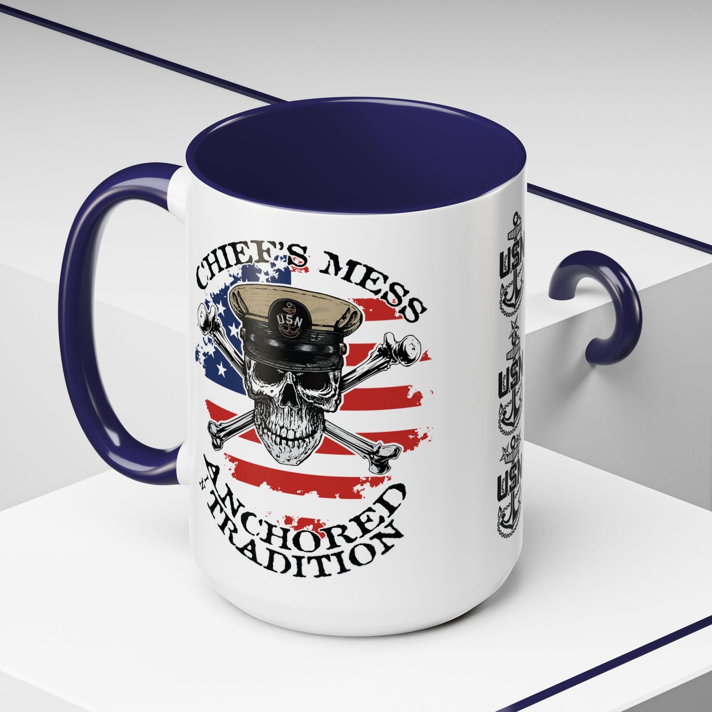 US Navy Chief's Mess Anchored Tradition CPO Sailor Skull with Distressed USA Flag Accent Coffee Mugs