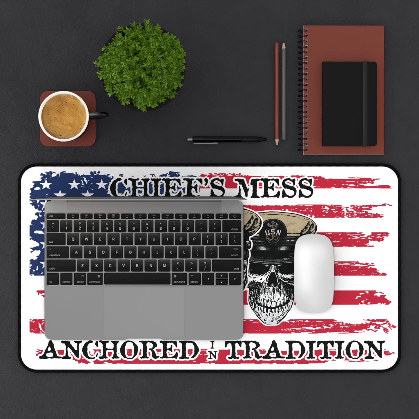 Chief's Mess Anchored Tradition CPO Sailor Skull's with Distressed USA Flag Desk Mat