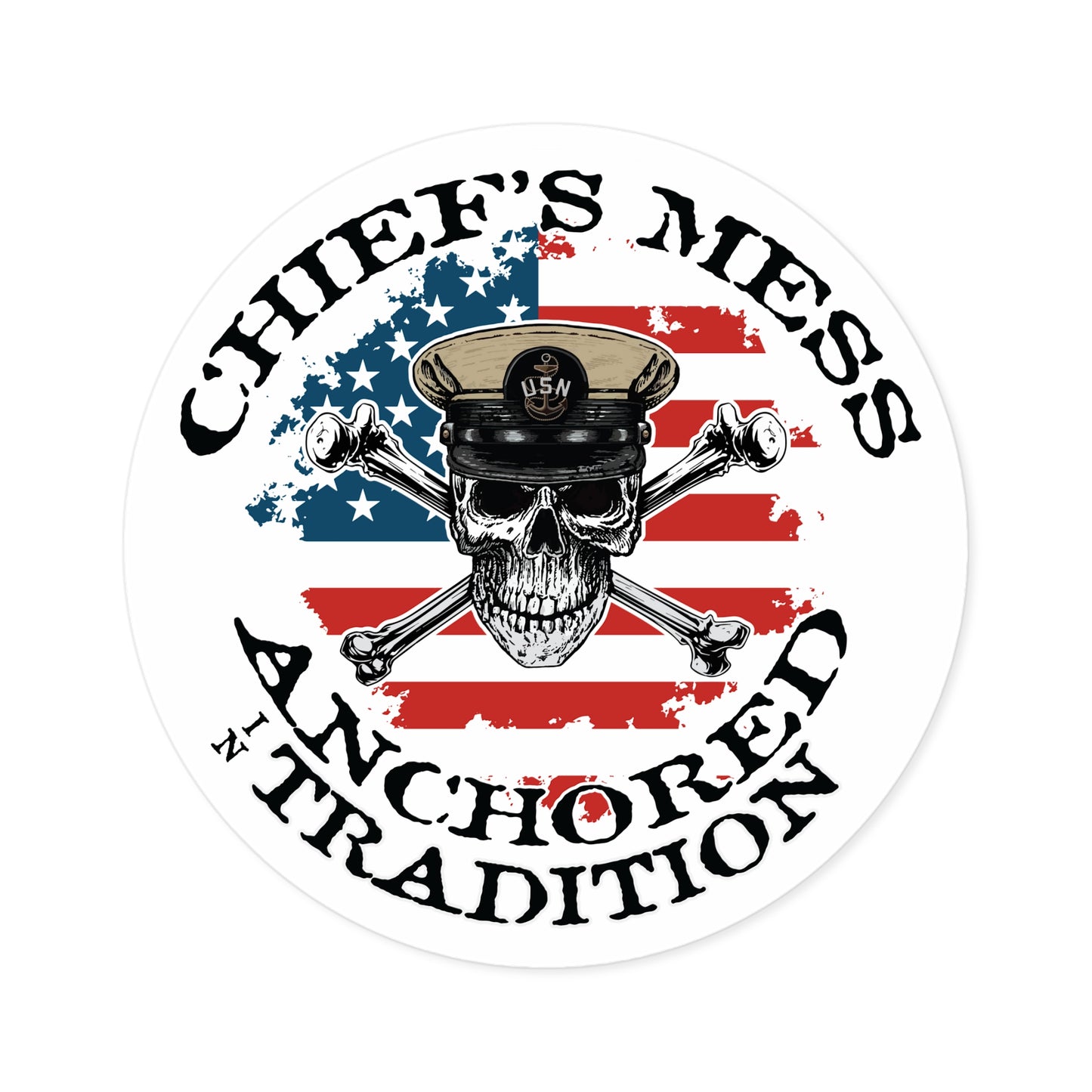 Chief's Mess Anchored Tradition Skull Crossbones on Distressed USA Flag Round Sticker