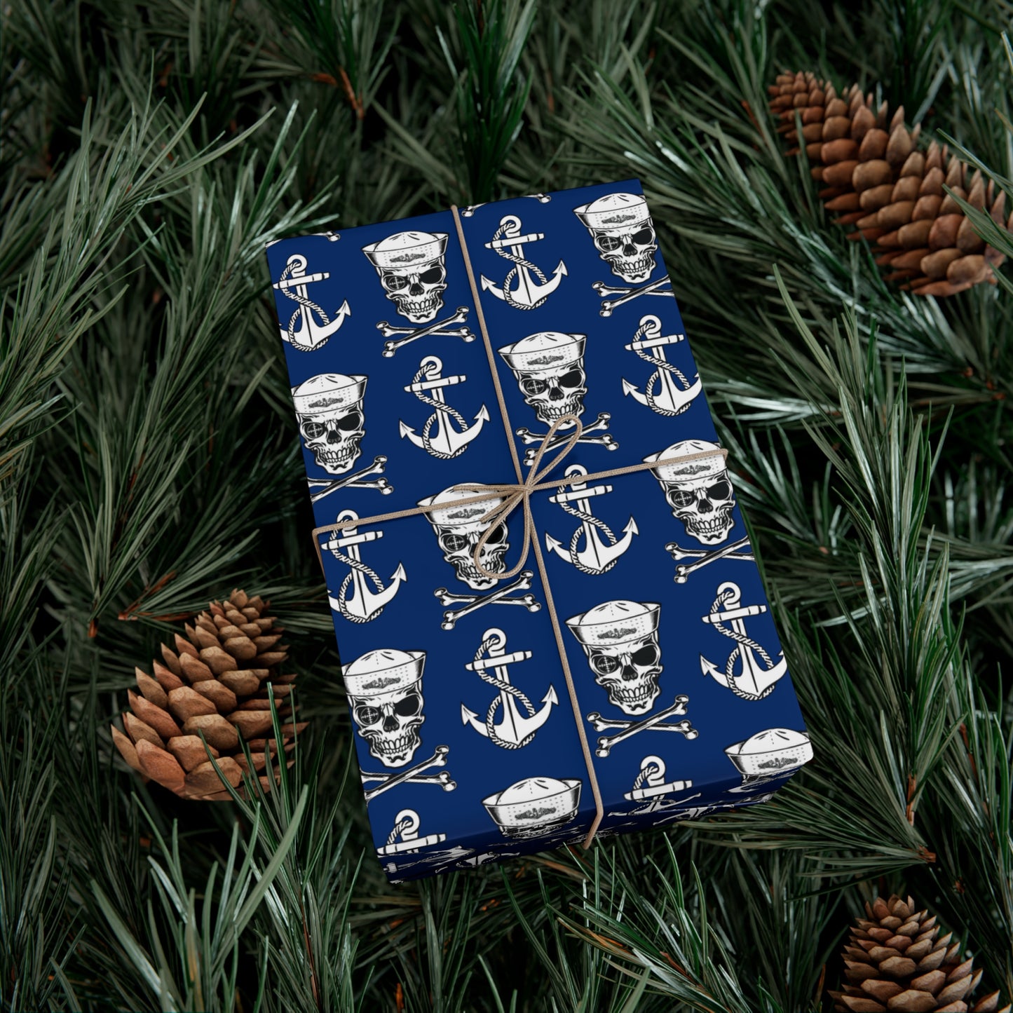 US Navy Submarine Force Sailor Skull Crossbones Wearing Dolphins with Anchors Blue Gift Wrap Papers