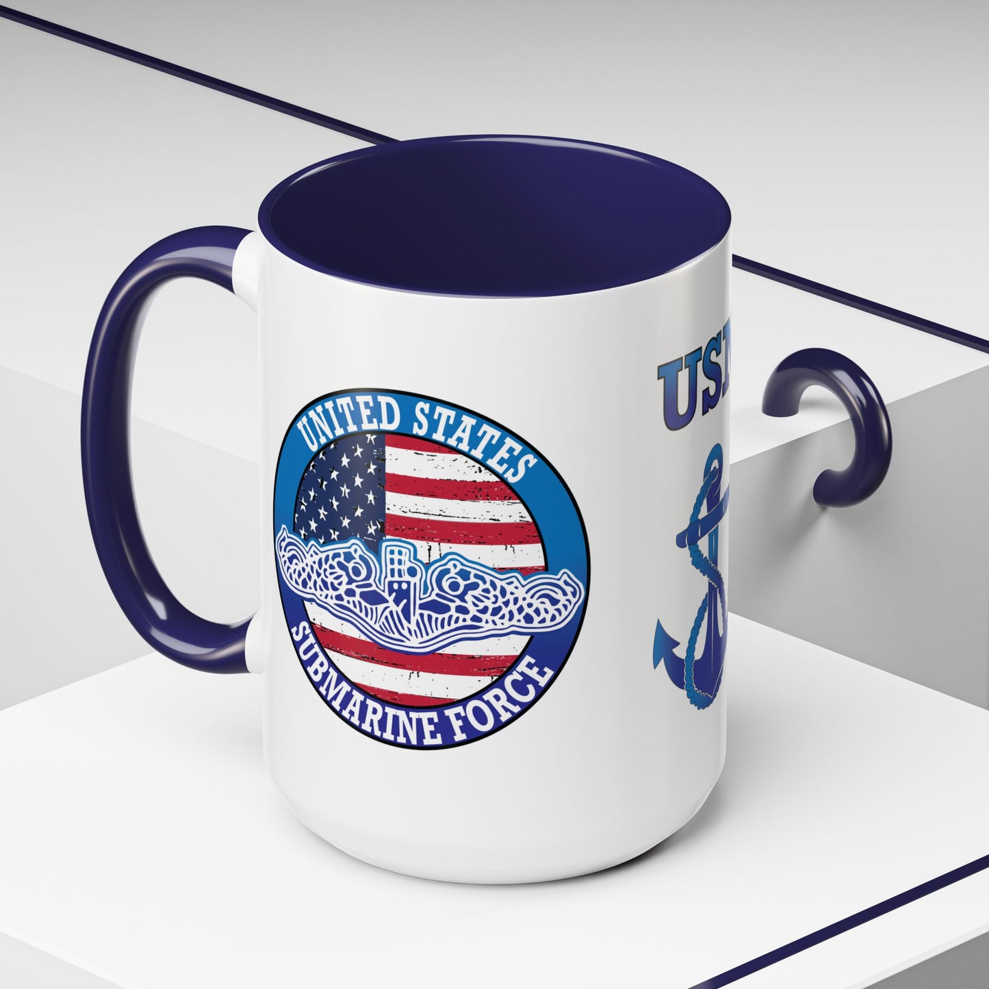 United States Navy Submarine Force Silent Service White Dolphins on American Flag Accent Coffee Mugs