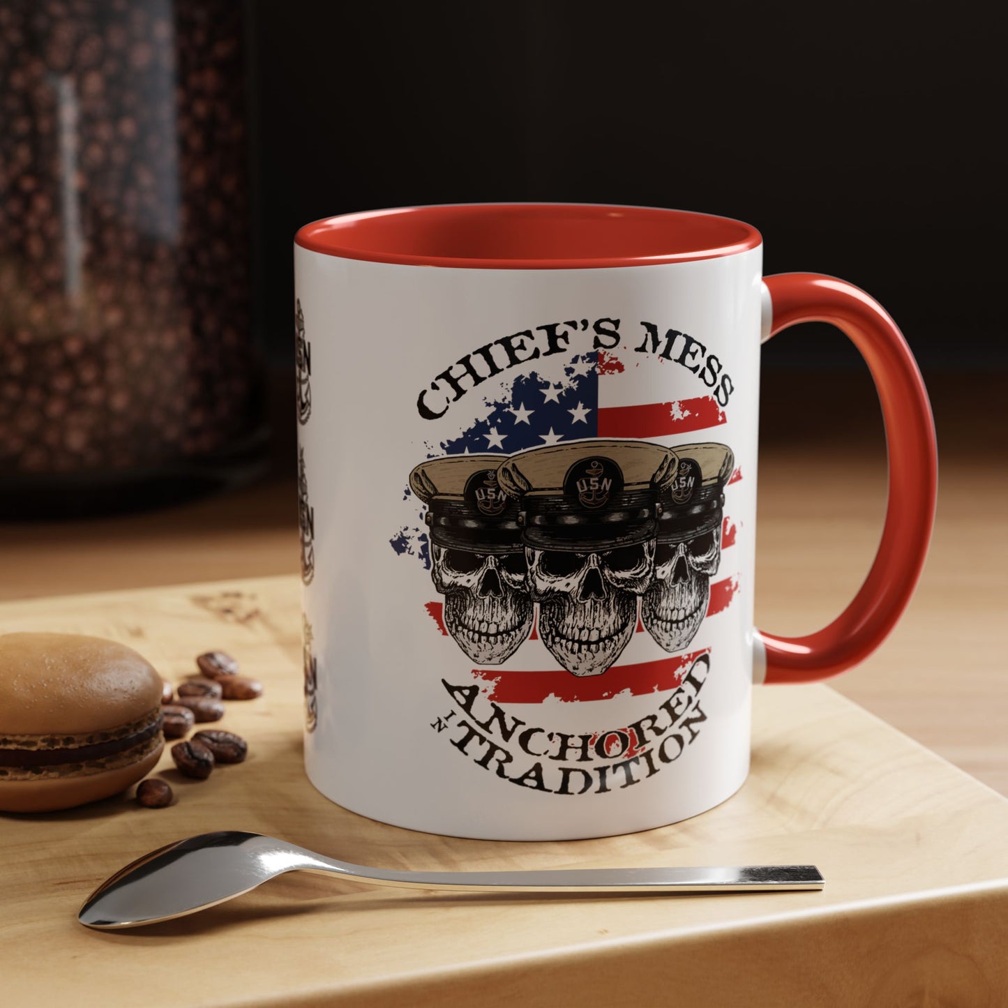 US Navy Chief's Mess Anchored Tradition CPO Sailor Skulls with Distressed USA Flag Accent Coffee Mugs