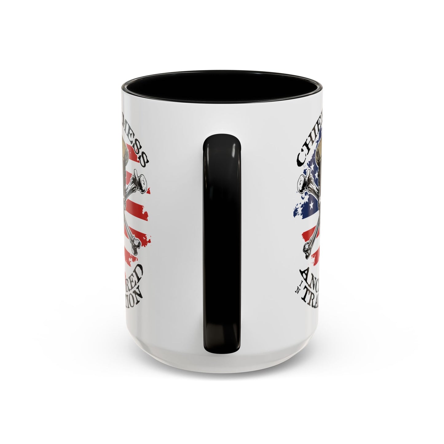 US Navy Chief's Mess Anchored Tradition CPO Sailor Skull with Distressed USA Flag Accent Coffee Mugs