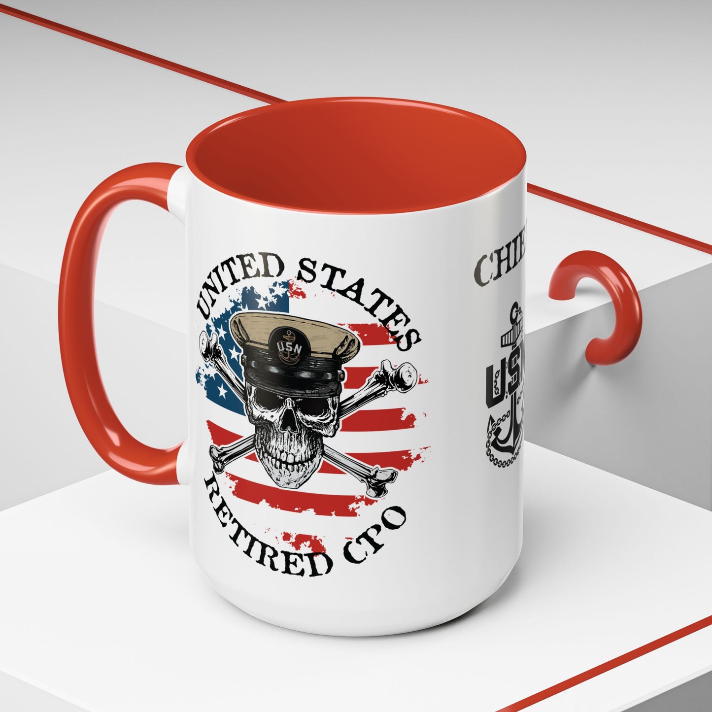 United States Navy Retired CPO Skull Crossbones Chief Petty Officer Anchor with Distressed USA Flag Accent Coffee Mugs