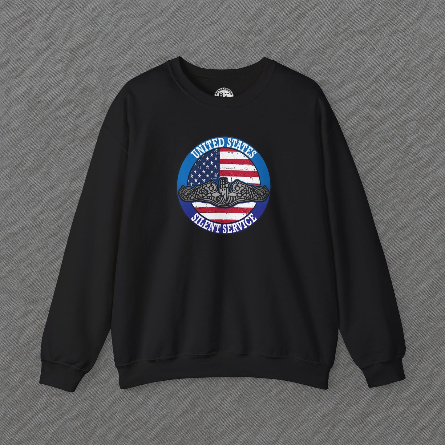 United States Silent Service Submarine Force Silver Dolphins on Distressed American Flag Unisex Heavy Blend™ Crewneck Sweatshirt