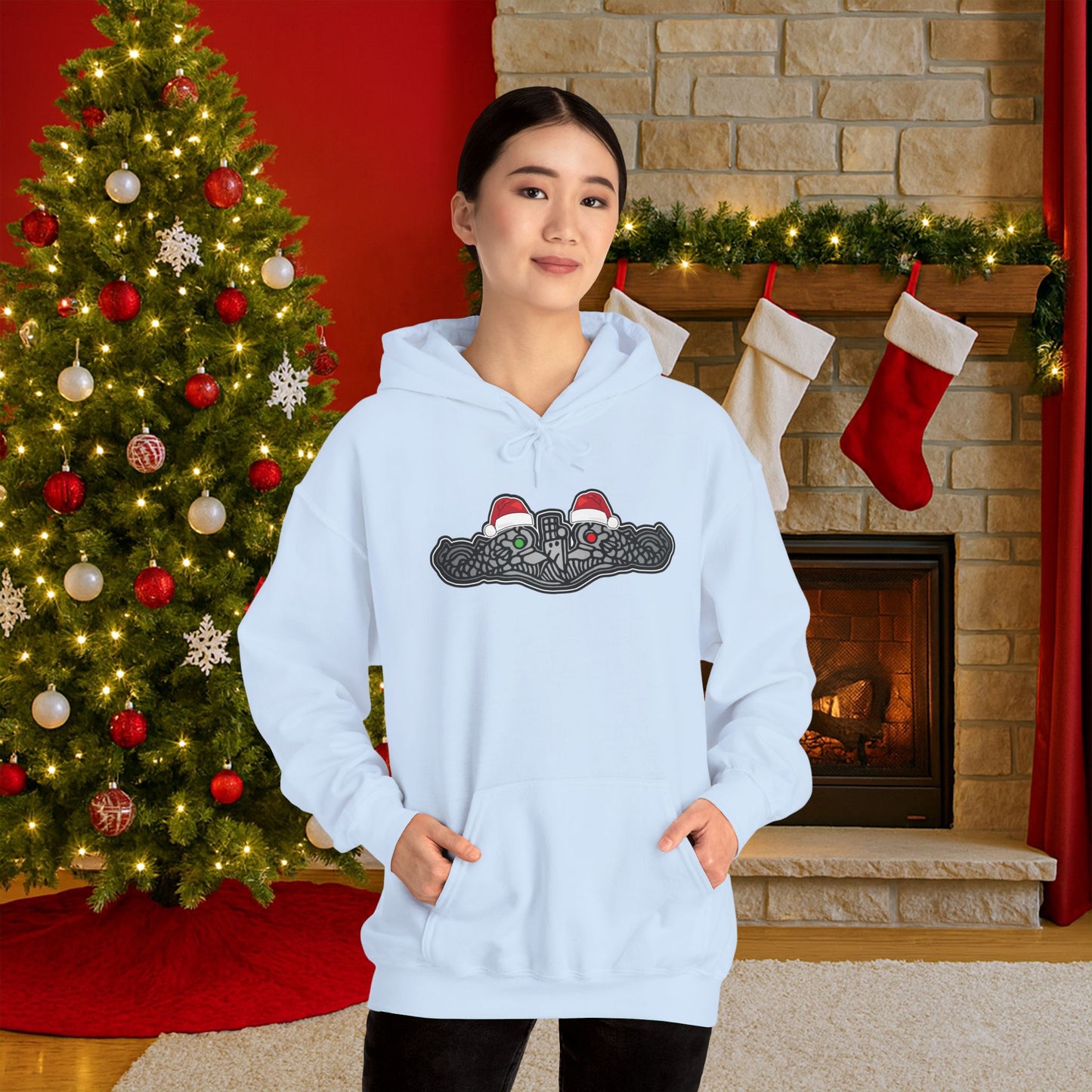 United States Submarine Force Silver Dolphins Christmas Hats with Red and Green Eyes Unisex Heavy Blend™ Hooded Sweatshirt