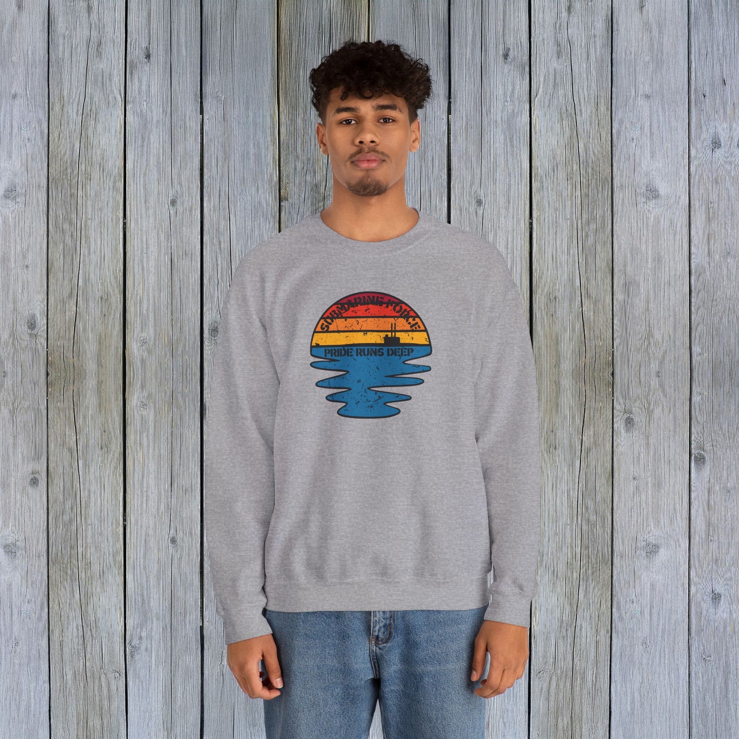 Sunset United States Navy Submarine Force Pride Runs Deep Distressed Mk2 Vintage Unisex Heavy Blend™ Crewneck Sweatshirt