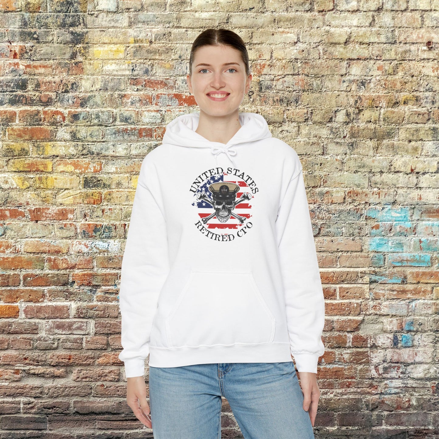 United States Retired CPO Skull Crossbones Chief Petty Officer with Distressed American Flag Unisex Heavy Blend™ Hooded Sweatshirt