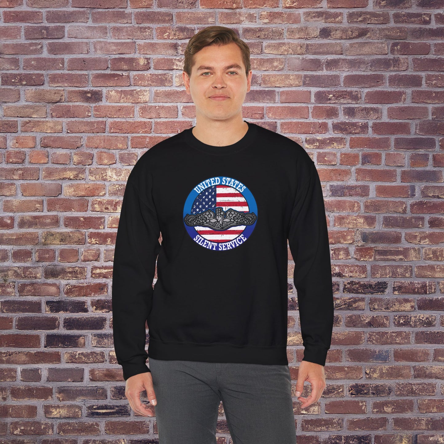 United States Silent Service Submarine Force Silver Dolphins on Distressed American Flag Unisex Heavy Blend™ Crewneck Sweatshirt
