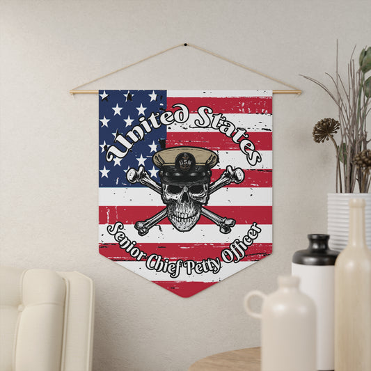 United States Navy Senior Chief Petty Officer Skull & Crossbones on Distressed American Flag Pennant