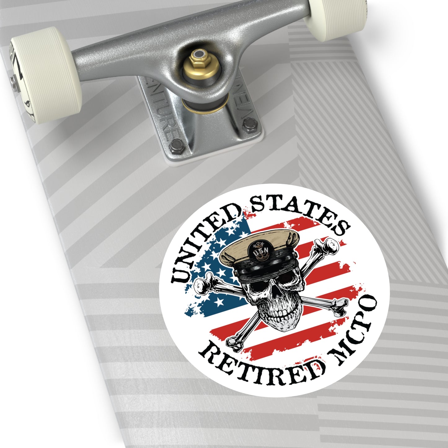 United States Retired MCPO Skull Crossbones Master Chief Petty Officer with Distressed American Flag Master Round Sticker
