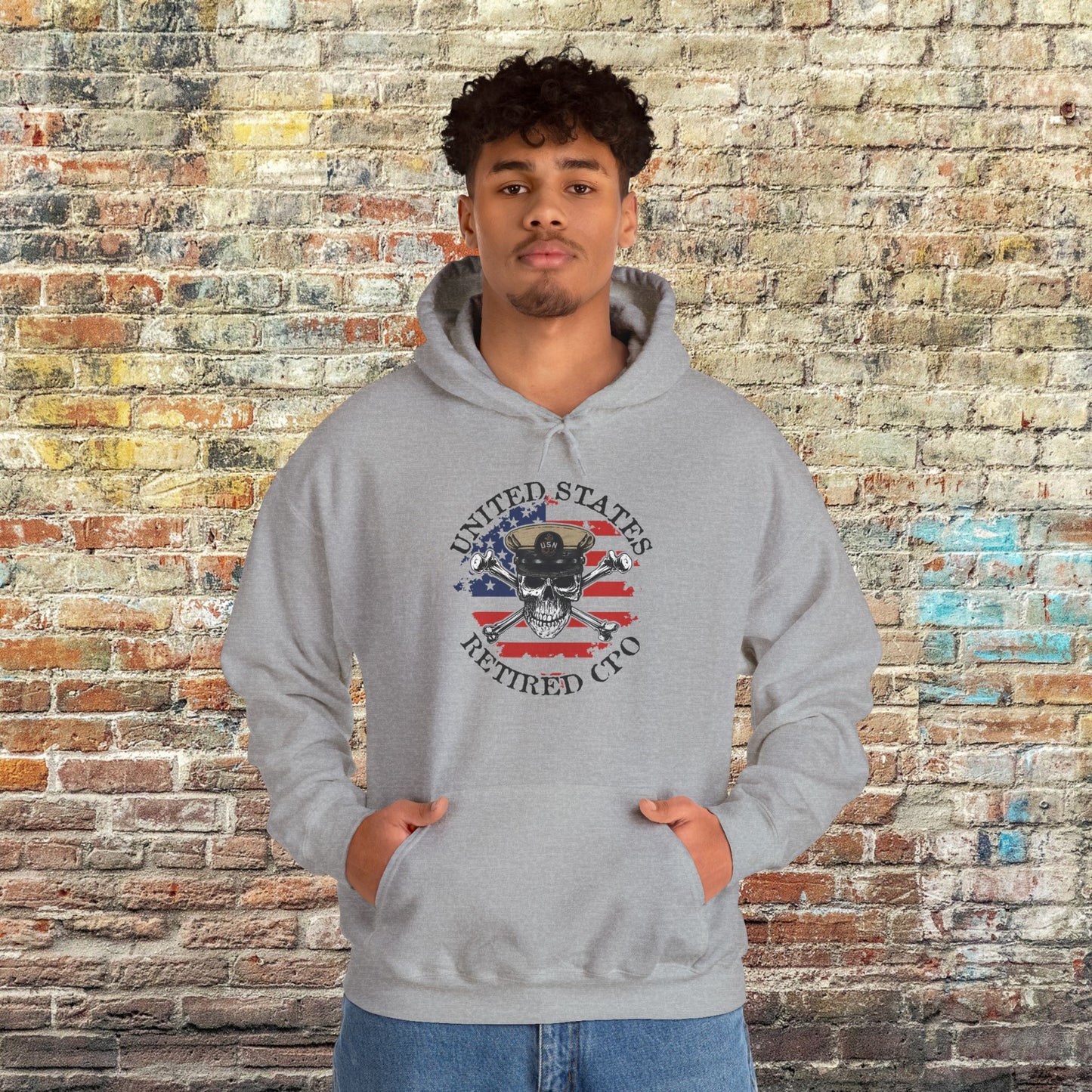 United States Retired CPO Skull Crossbones Chief Petty Officer with Distressed American Flag Unisex Heavy Blend™ Hooded Sweatshirt