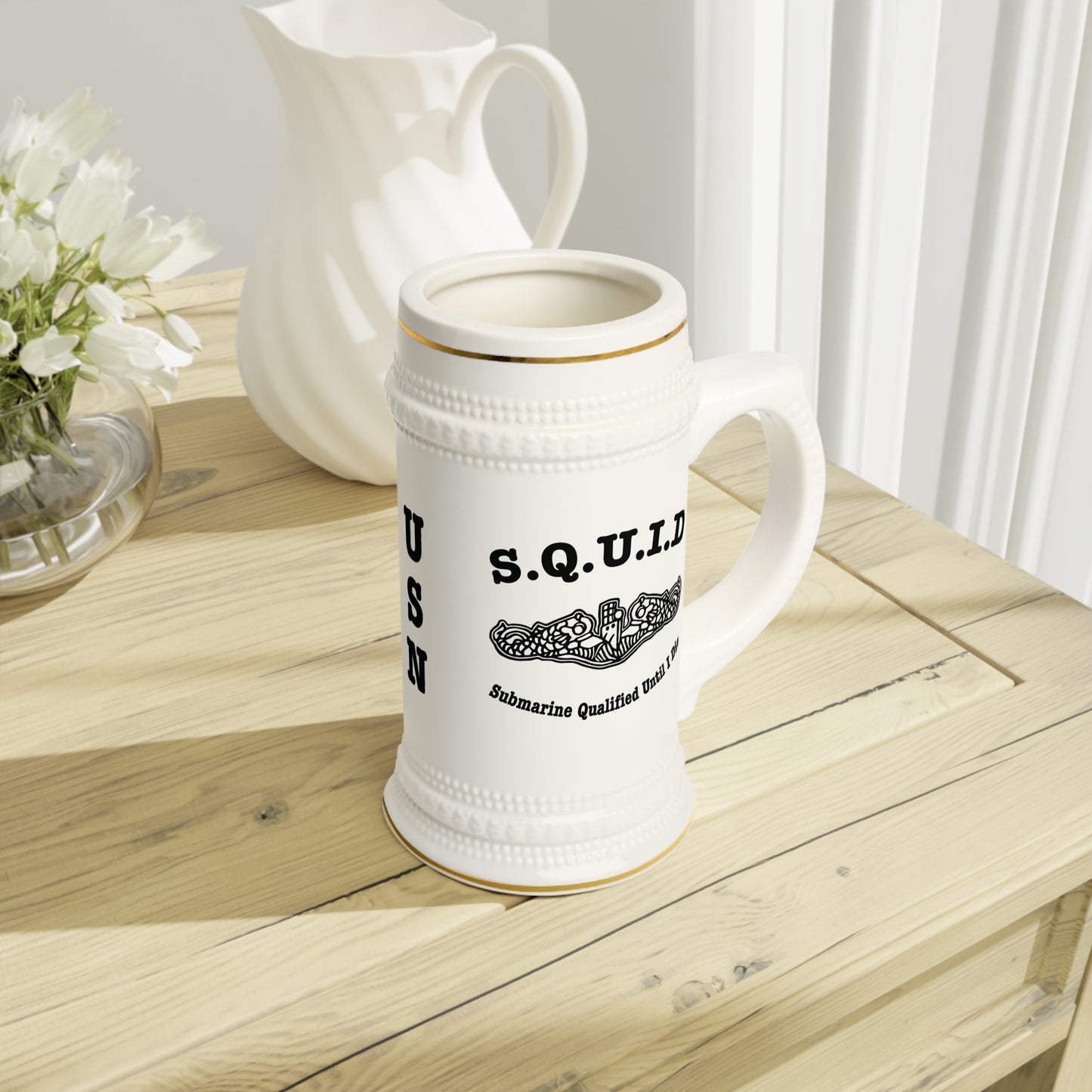 United States Navy S.Q.U.I.D. Submarine Qualified Until I Die Silent Service Dolphins Drinking Stein Mug