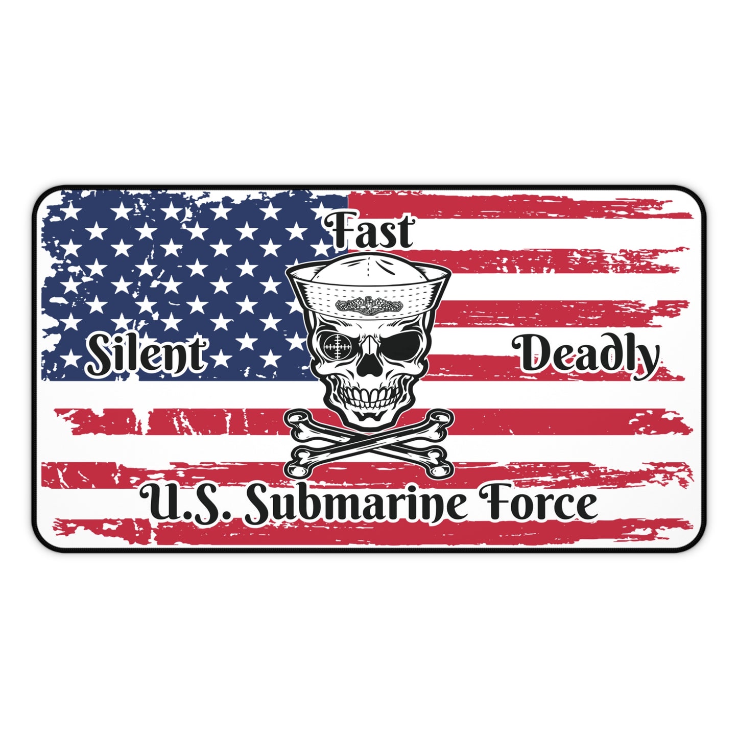 U.S. Submarine Force Silent Fast Deadly Skull and Crossbones Sailor with Distressed American Flag Desk Mat