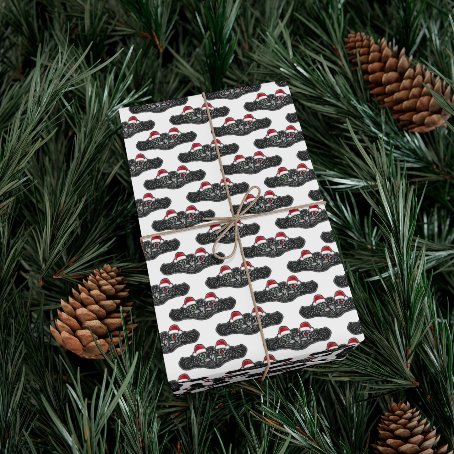 United States Navy Submarine Force Silver Enlisted Dolphins Christmas Hats with Red and Green Eyes White Gift Wrap Papers