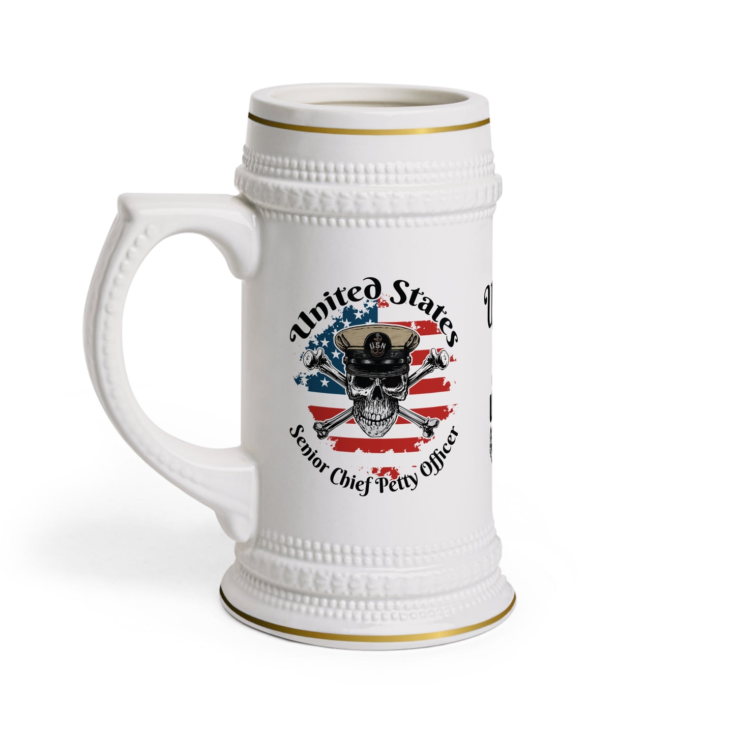 United States Navy Senior Chief Petty Officer Skull & Crossbones on American Flag Stein Mug