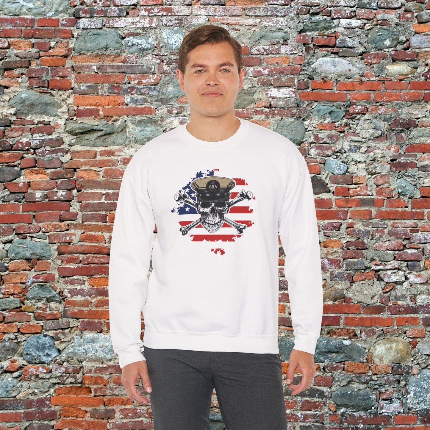 Naval Chief Skull & Crossbones CPO on Distressed American Flag Unisex Heavy Blend™ Crewneck Sweatshirt