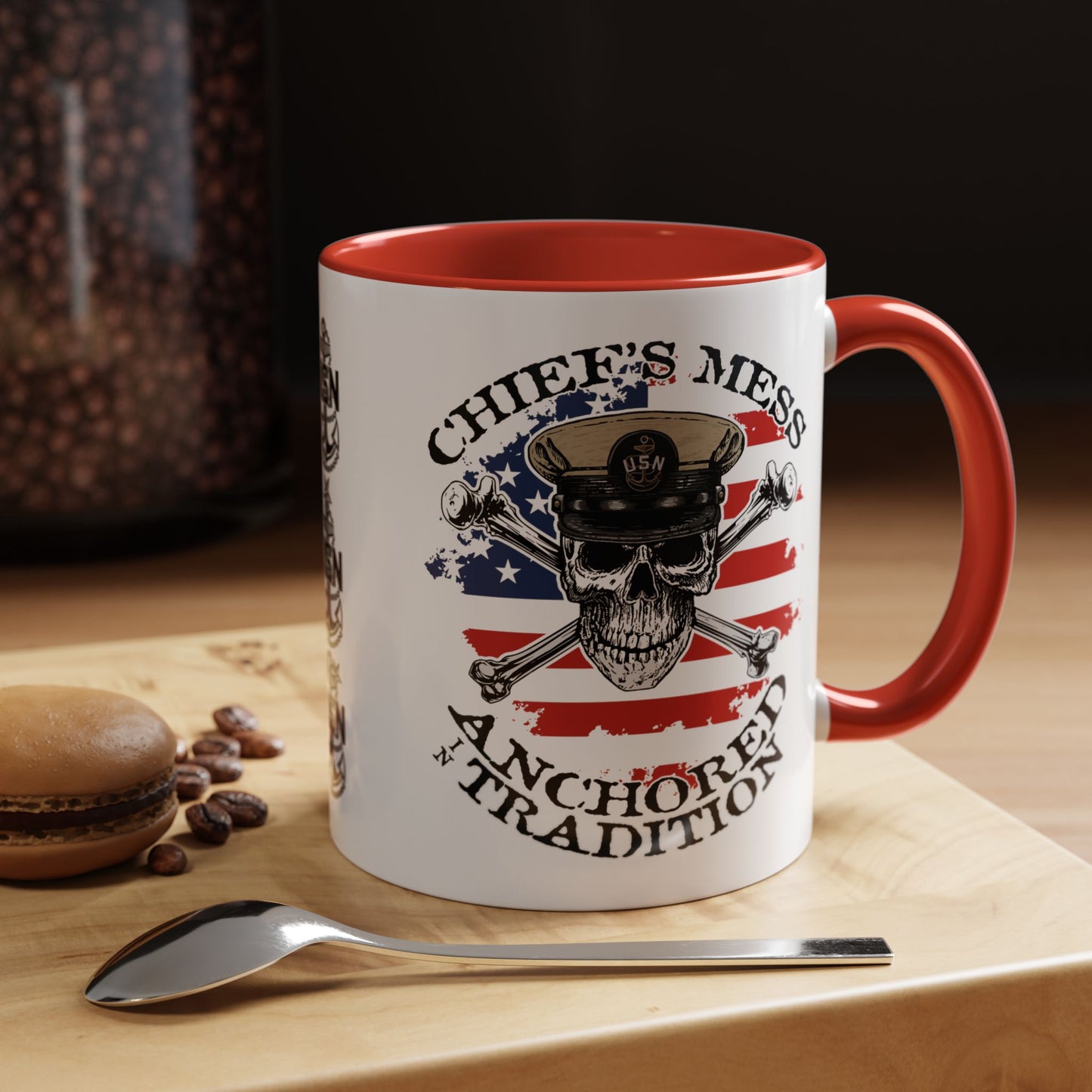 US Navy Chief's Mess Anchored Tradition CPO Sailor Skull with Distressed USA Flag Accent Coffee Mugs