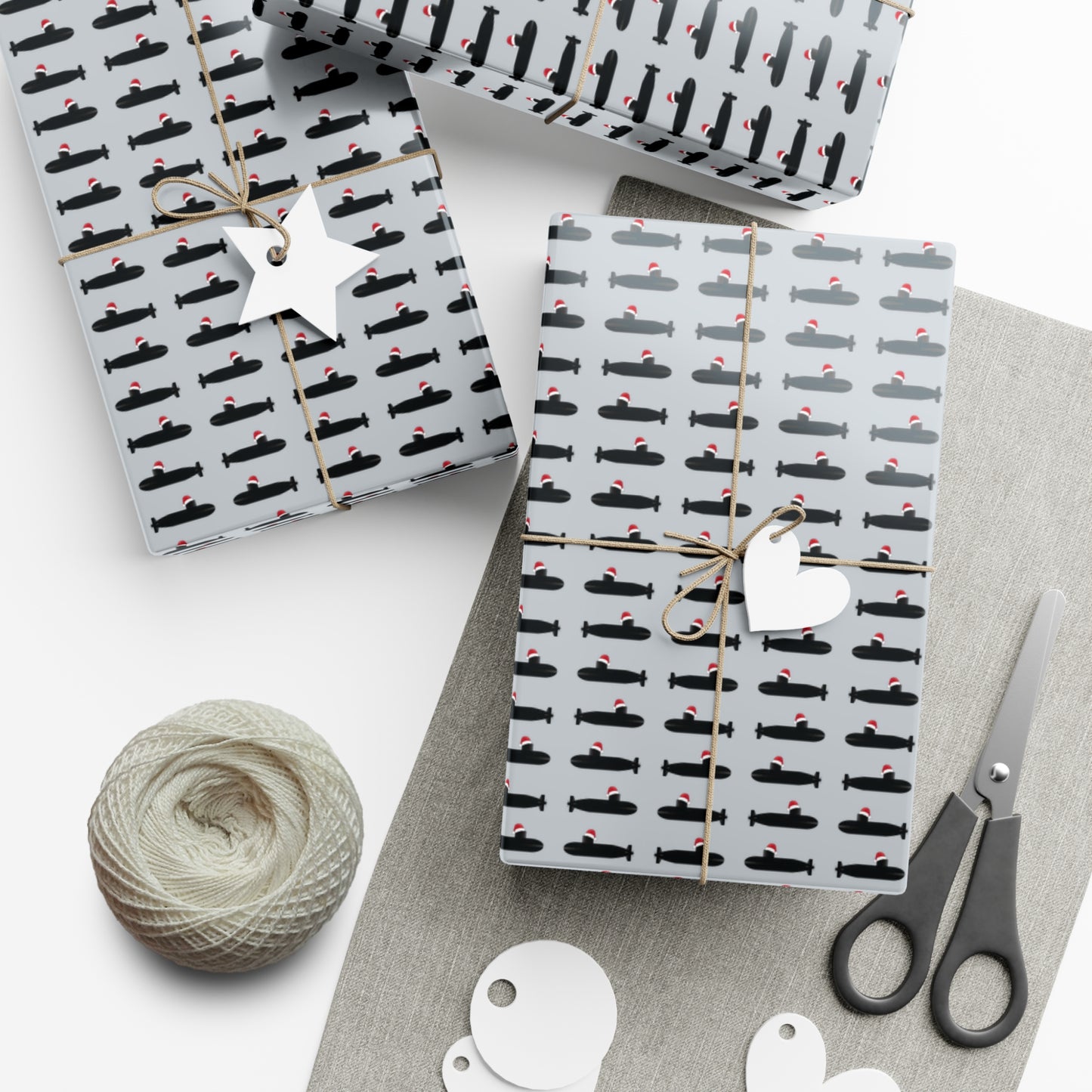 United States Navy Submarine Force Santa Hat on Black Mini Submarines Gray Gift Wrap Papers