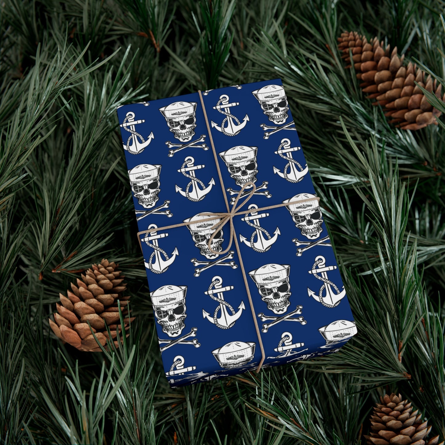 US Navy Submarine Force Sailor Skull Crossbones Wearing Dolphins with Anchors Blue Gift Wrap Papers
