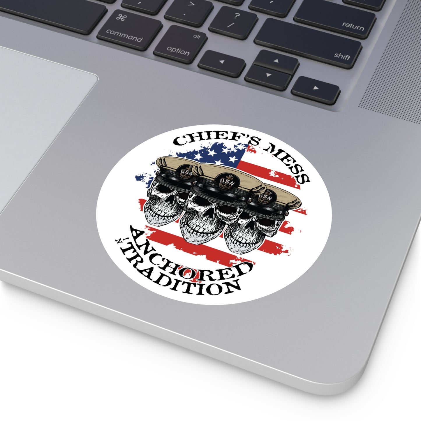 Chief's Mess Anchored Tradition CPO Sailor Skulls on Distressed USA Flag Round Stickers