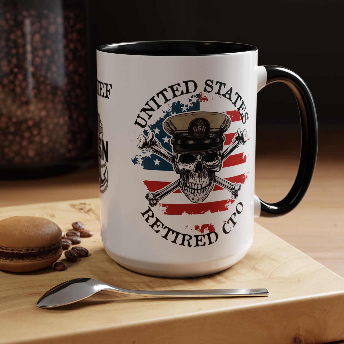 United States Navy Retired CPO Skull Crossbones Chief Petty Officer Anchor with Distressed USA Flag Accent Coffee Mugs