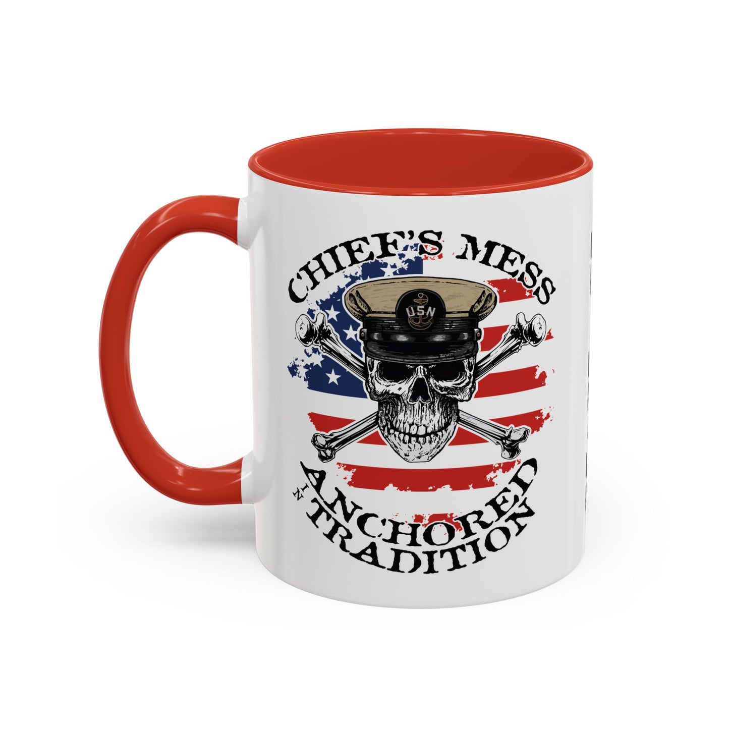 US Navy Chief's Mess Anchored Tradition CPO Sailor Skull with Distressed USA Flag Accent Coffee Mugs