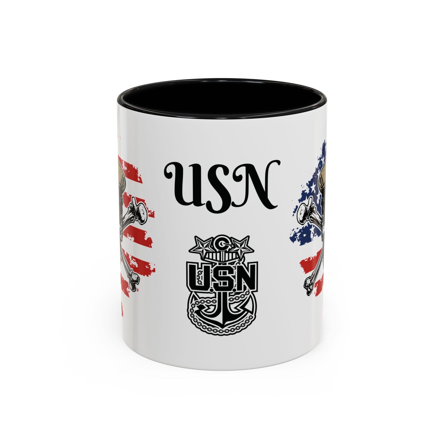 US Navy Master Chief Skull & Crossbones on American Flag MCPO Anchor Accent Coffee Mugs