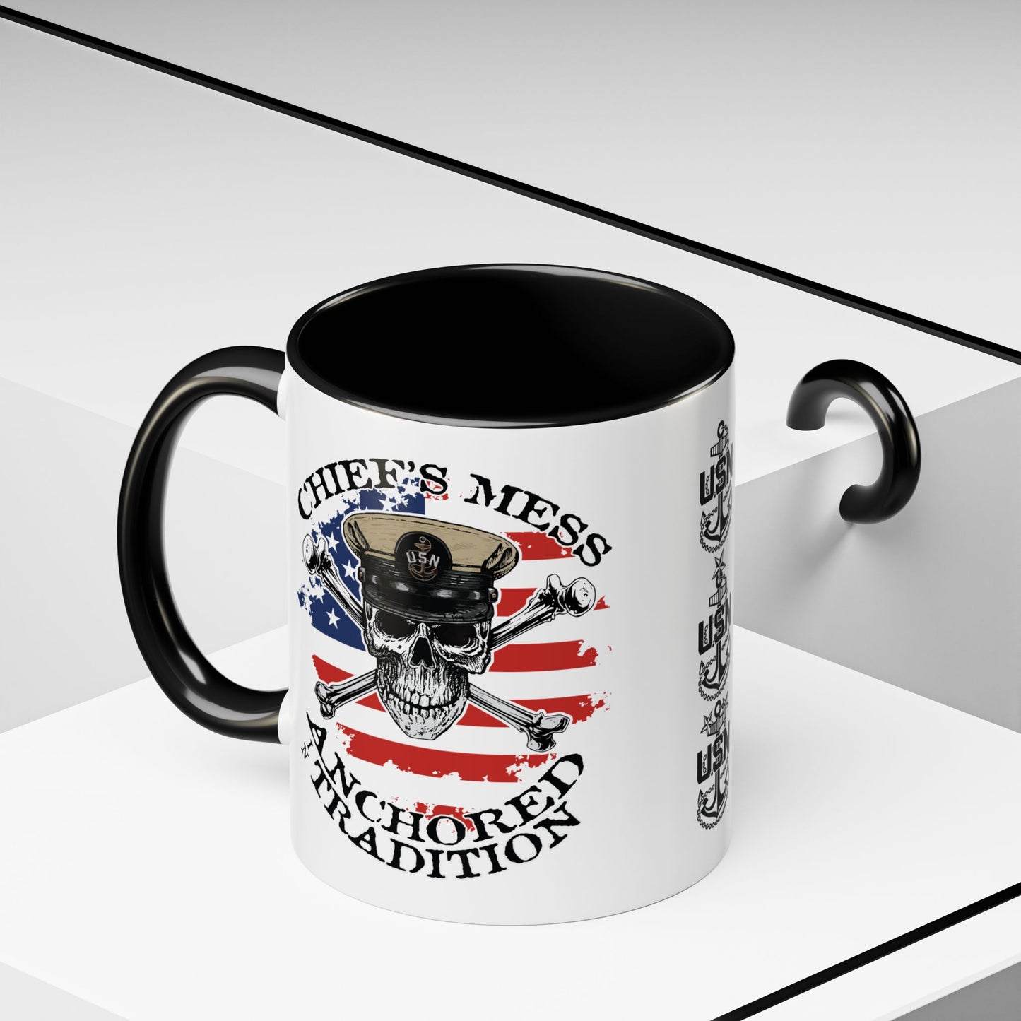 US Navy Chief's Mess Anchored Tradition CPO Sailor Skull with Distressed USA Flag Accent Coffee Mugs