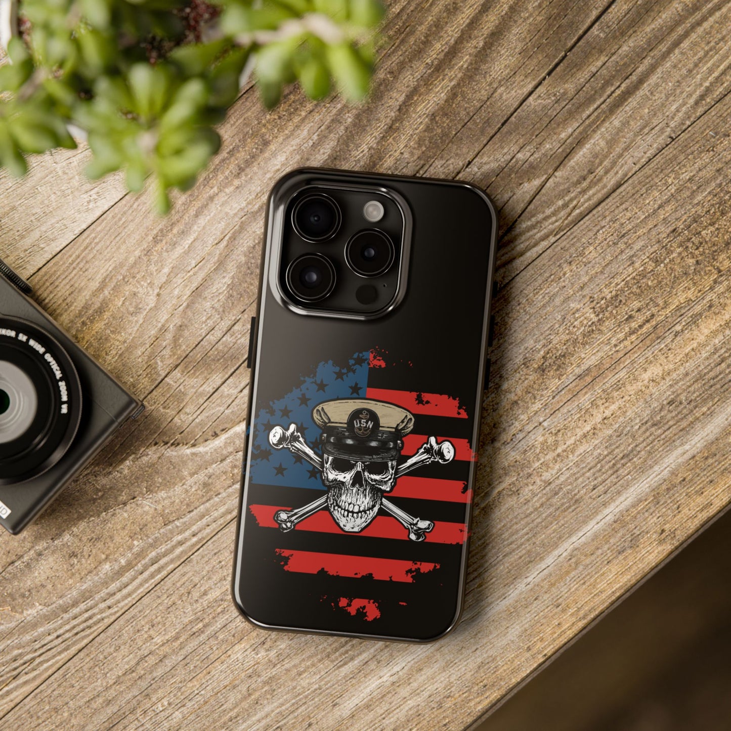 Naval Chief Skull & Crossbones on American Flag Black Tough iPhone Case
