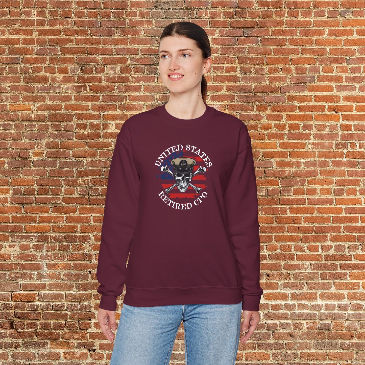 United States Retired CPO Skull Crossbones Chief Sailor on Distressed American Unisex Heavy Blend™ Crewneck Sweatshirt