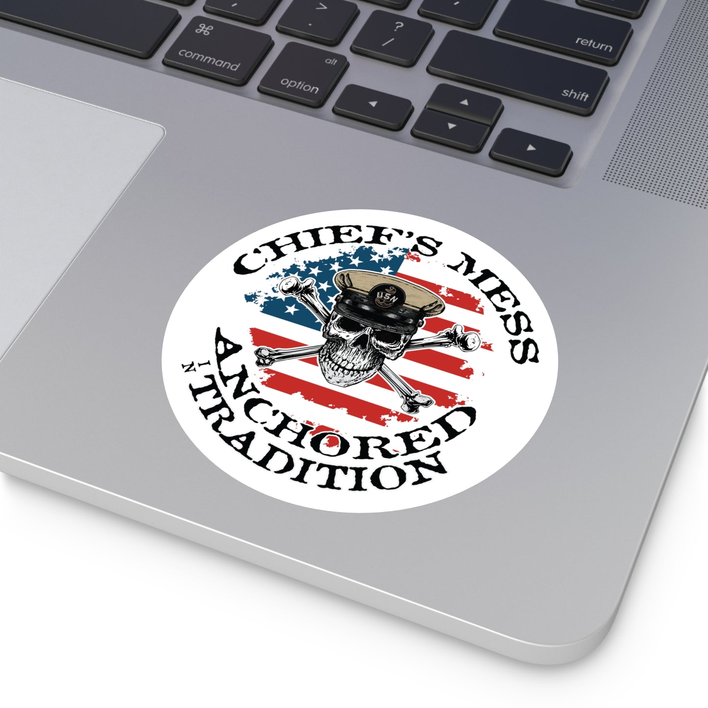 Chief's Mess Anchored Tradition Skull Crossbones on Distressed USA Flag Round Sticker