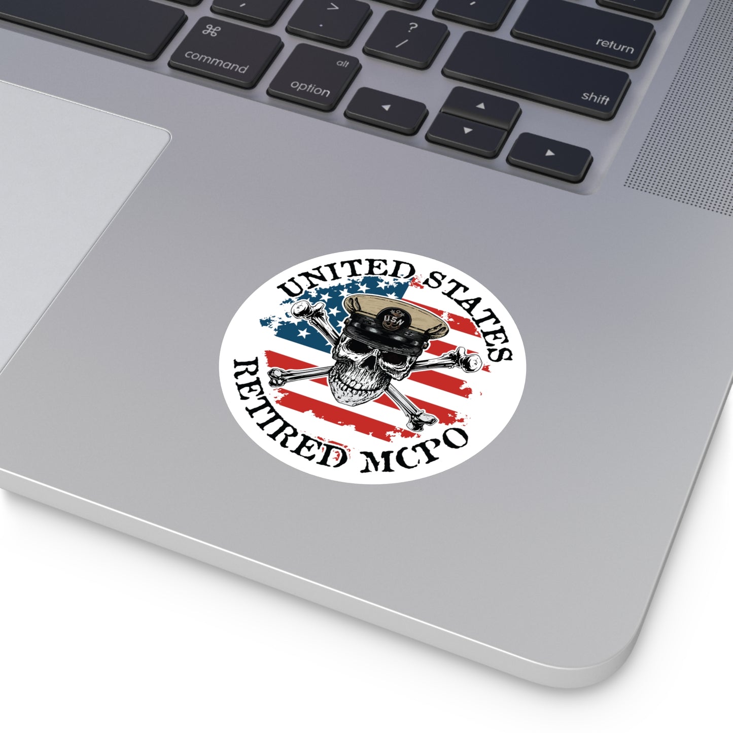 United States Retired MCPO Skull Crossbones Master Chief Petty Officer with Distressed American Flag Master Round Sticker